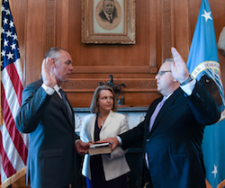 Interior Secretary Ryan Zinke swearing in David Bernhardt deputy secretary Aug. 1, 2017. Bernhardt most recently worked served as a coal industry lobbyist. 