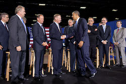 Former President Barack Obama greets auto industry executives at a Washington, D.C., event on July 29, 2011. Photo: Official White House photo, Pete Souza
