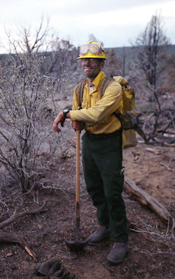 Michael Kodas at the Bluebird Fire in Colorado in 2003 during the summer he worked as a wildland firefighter for the U.S. Forest Service in order to report on the increasing frequency and size of wildfires in the western United States.